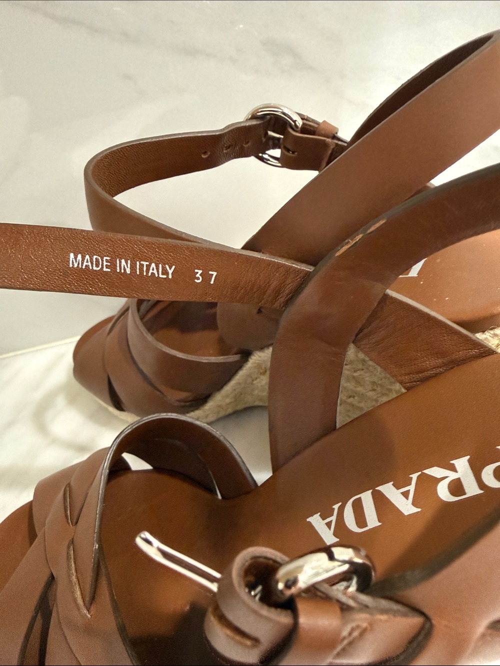 Prada Tan Leather Crisscross Wedge Sandals - Picture 6 of 6